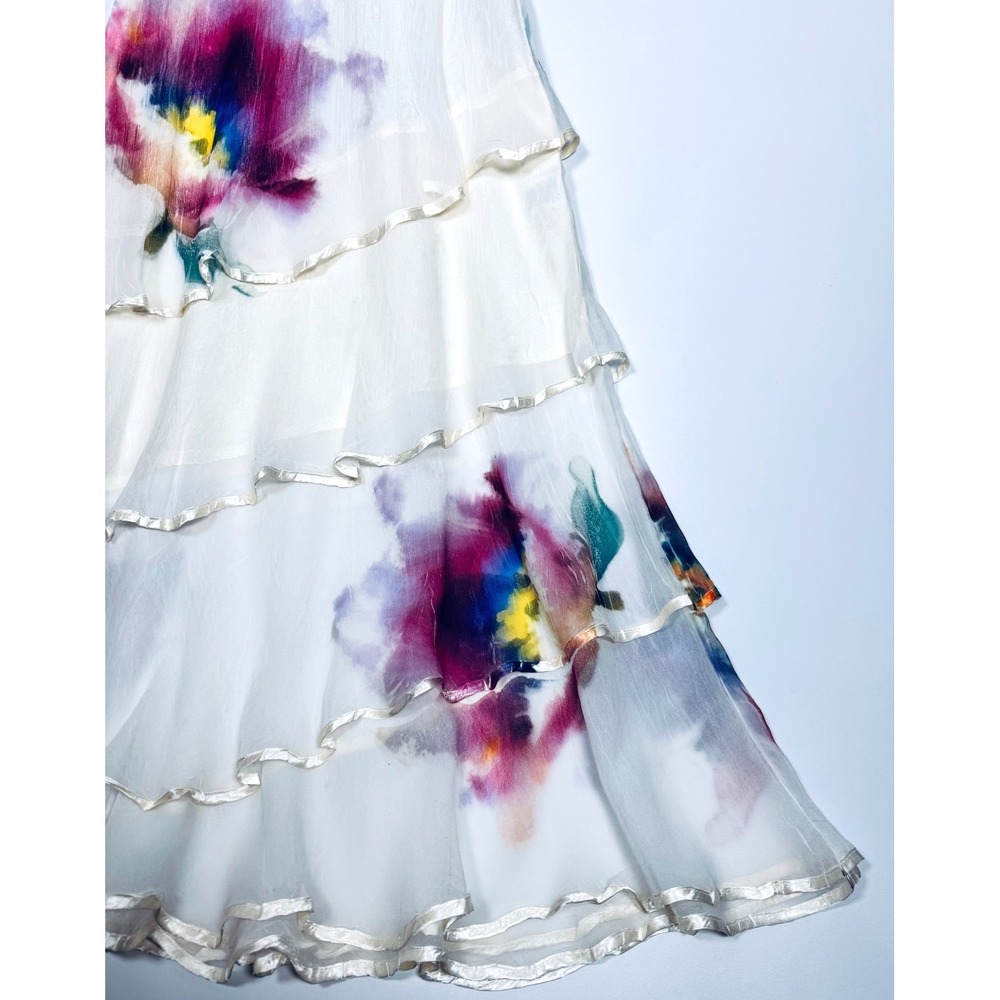 Komarov Dress Small Ivory Watercolor Floral Tiered Ruffle Midi Crinkle USA Made - Picture 8 of 16